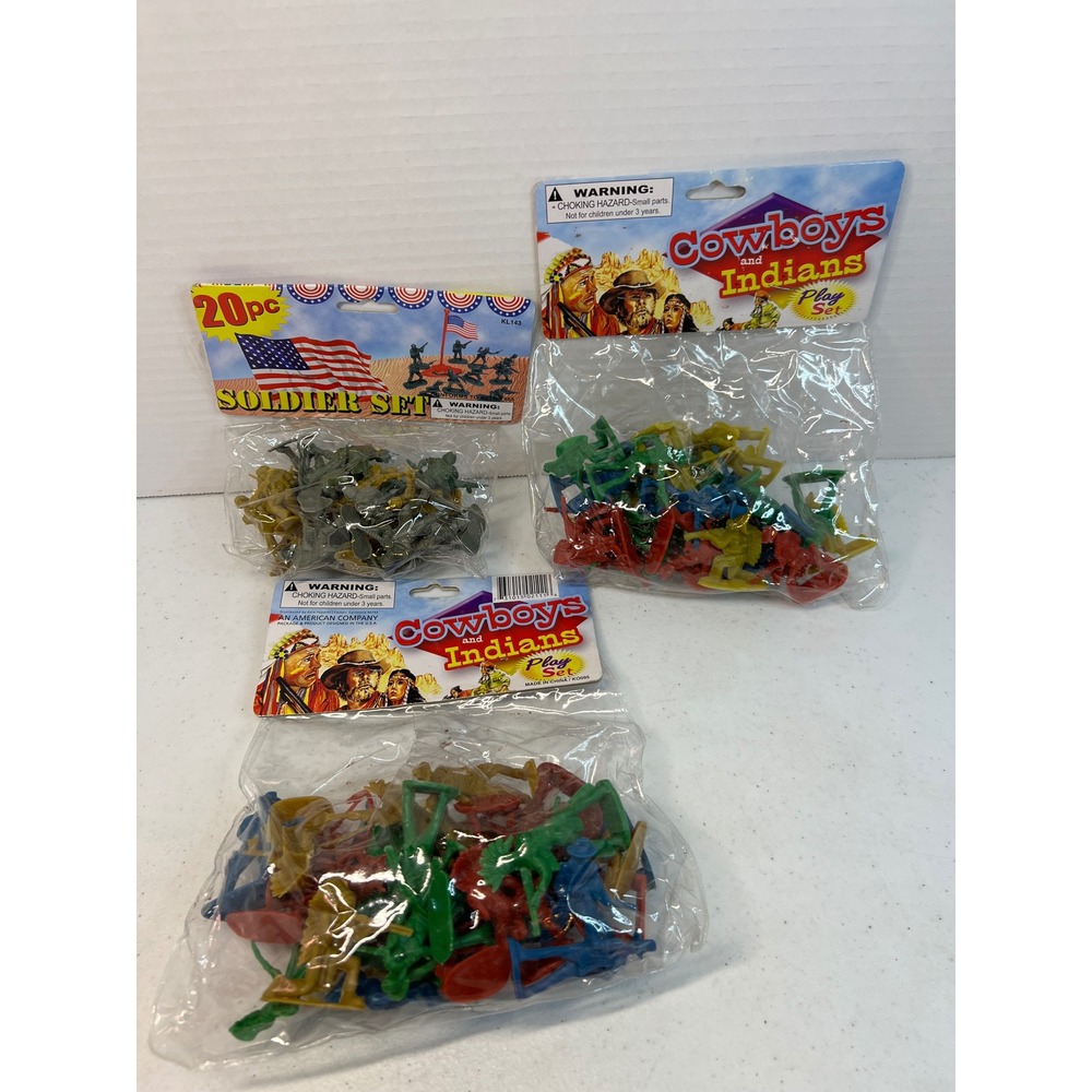 Vintage Style Plastic Toy Soldiers Cowboys and Indians 3 Pack Play Sets New